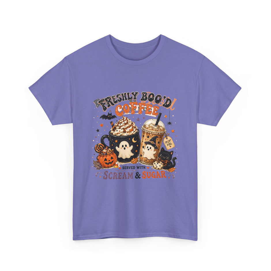 Halloween Coffee Tee — “Freshly Boo’d Coffee: Served with Scream & Sugar”