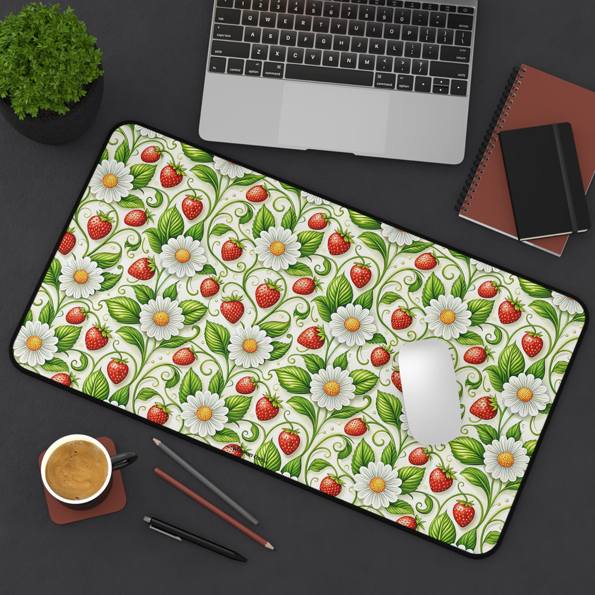 Strawberry Delight Desk Mat — Floral Vintage Garden Mouse Pad/Desk Protector