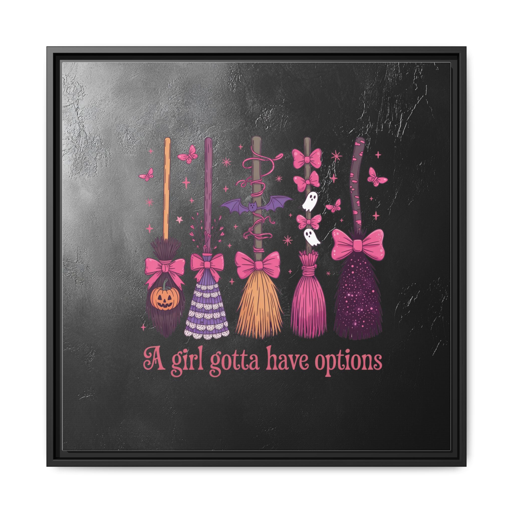 Halloween Broom Canvas Print — “A Girl Gotta Have Options” Framed Wall Art