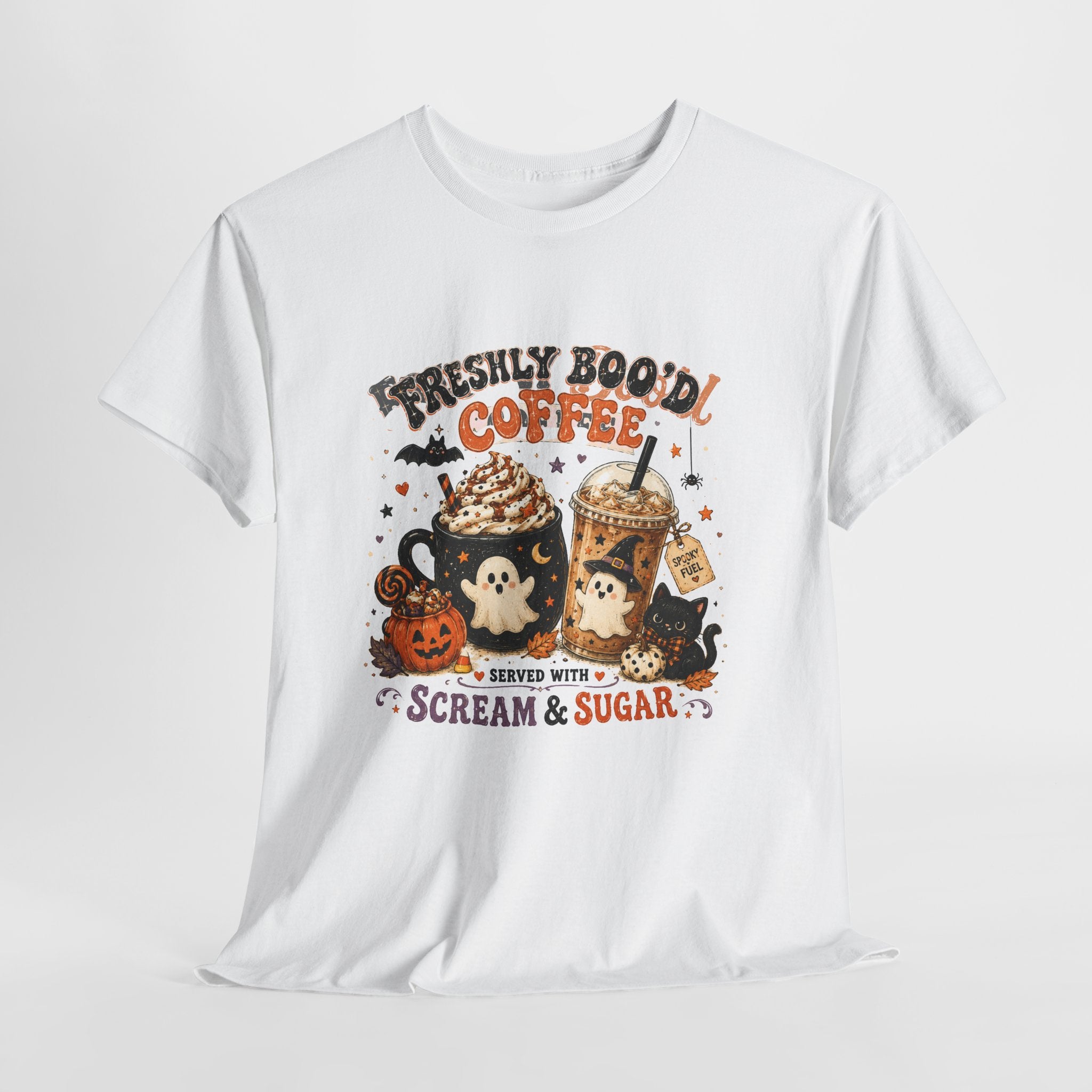 Halloween Coffee Tee — “Freshly Boo’d Coffee: Served with Scream & Sugar”