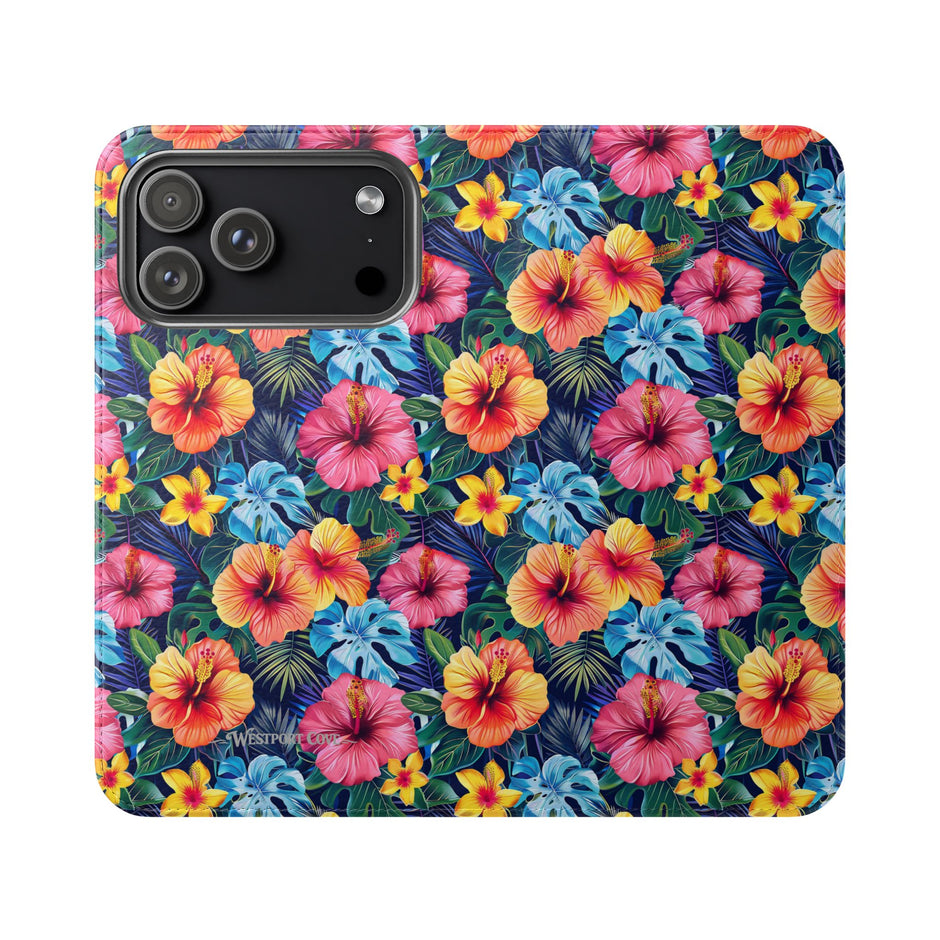 Tropical Hibiscus Flip Phone Case — Floral Wallet Flip Case with Card Slots
