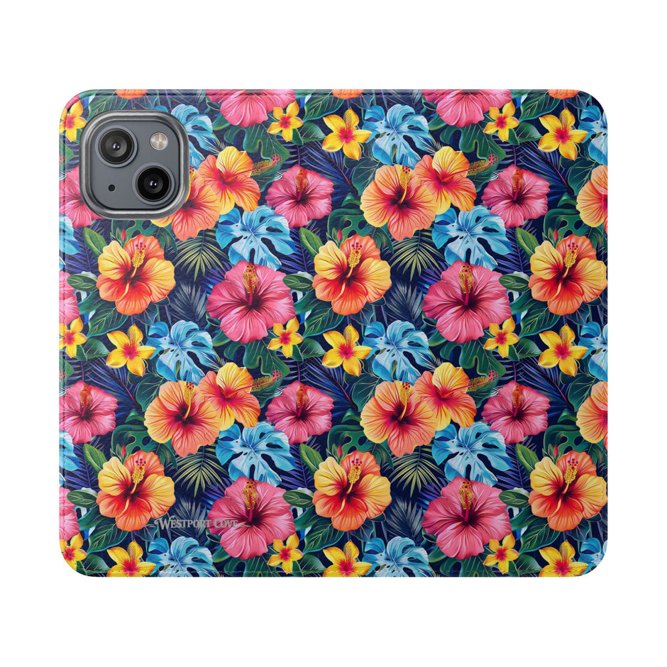 Tropical Hibiscus Flip Phone Case — Floral Wallet Flip Case with Card Slots