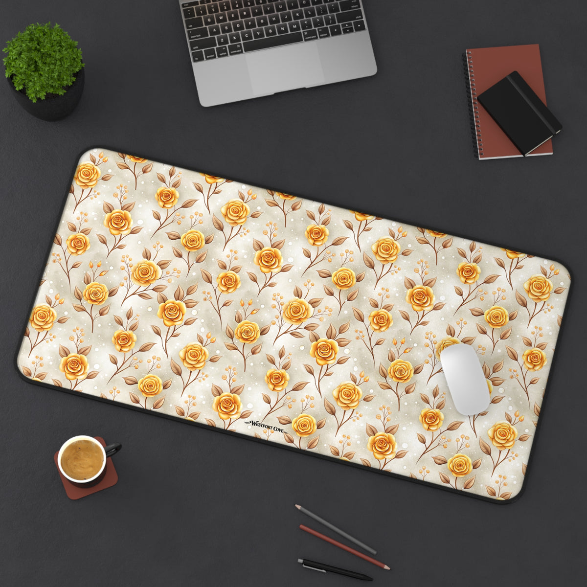 Golden Rose Desk Mat — Floral Office Mouse Pad for Home & Work