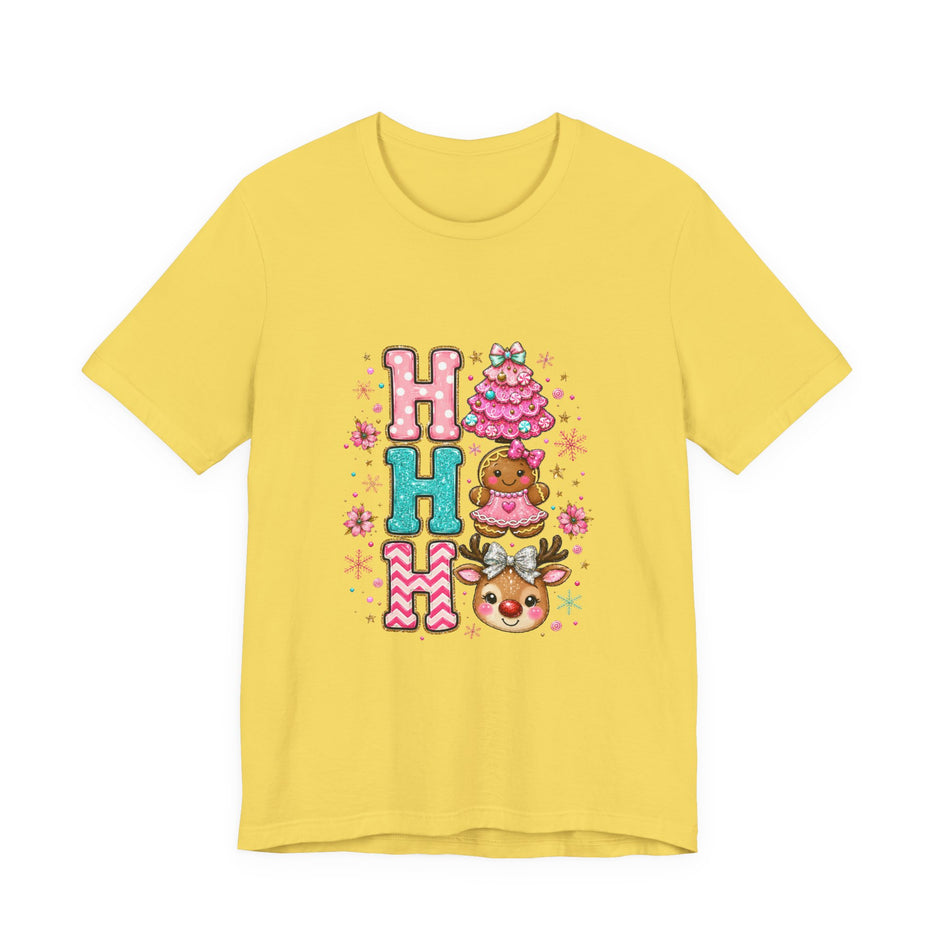Ho Ho Ho Cute Christmas Tee — Pink Tree, Gingerbread & Reindeer Holiday Shirt