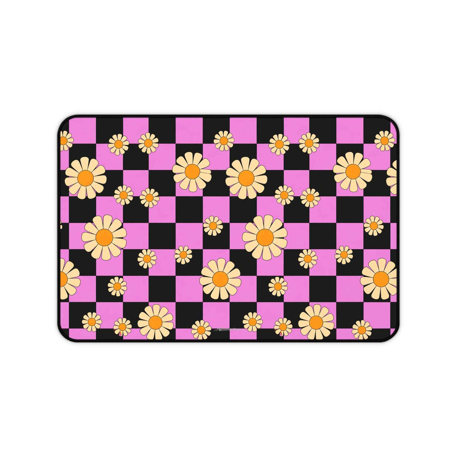Daisy Checkerboard Desk Mat — Pink & Black Floral Mouse Desk Pad