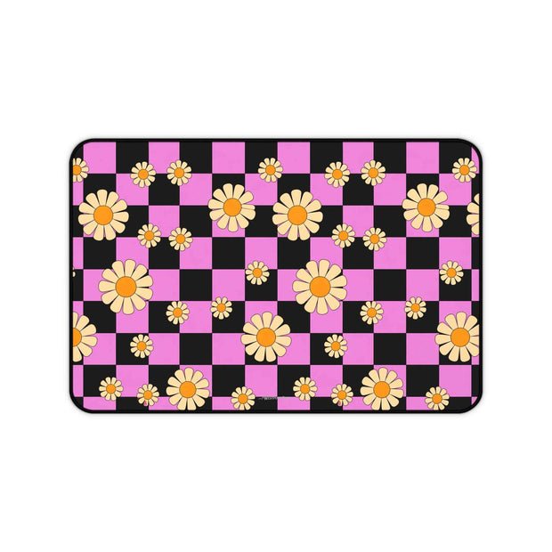 Daisy Checkerboard Desk Mat — Pink & Black Floral Mouse Desk Pad