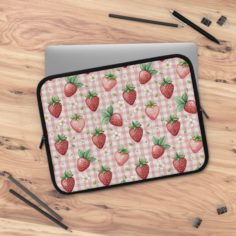 Strawberry Gingham Laptop Sleeve — Cute Pink Floral Laptop Case