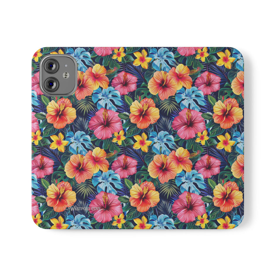 Tropical Hibiscus Flip Phone Case — Floral Wallet Flip Case with Card Slots