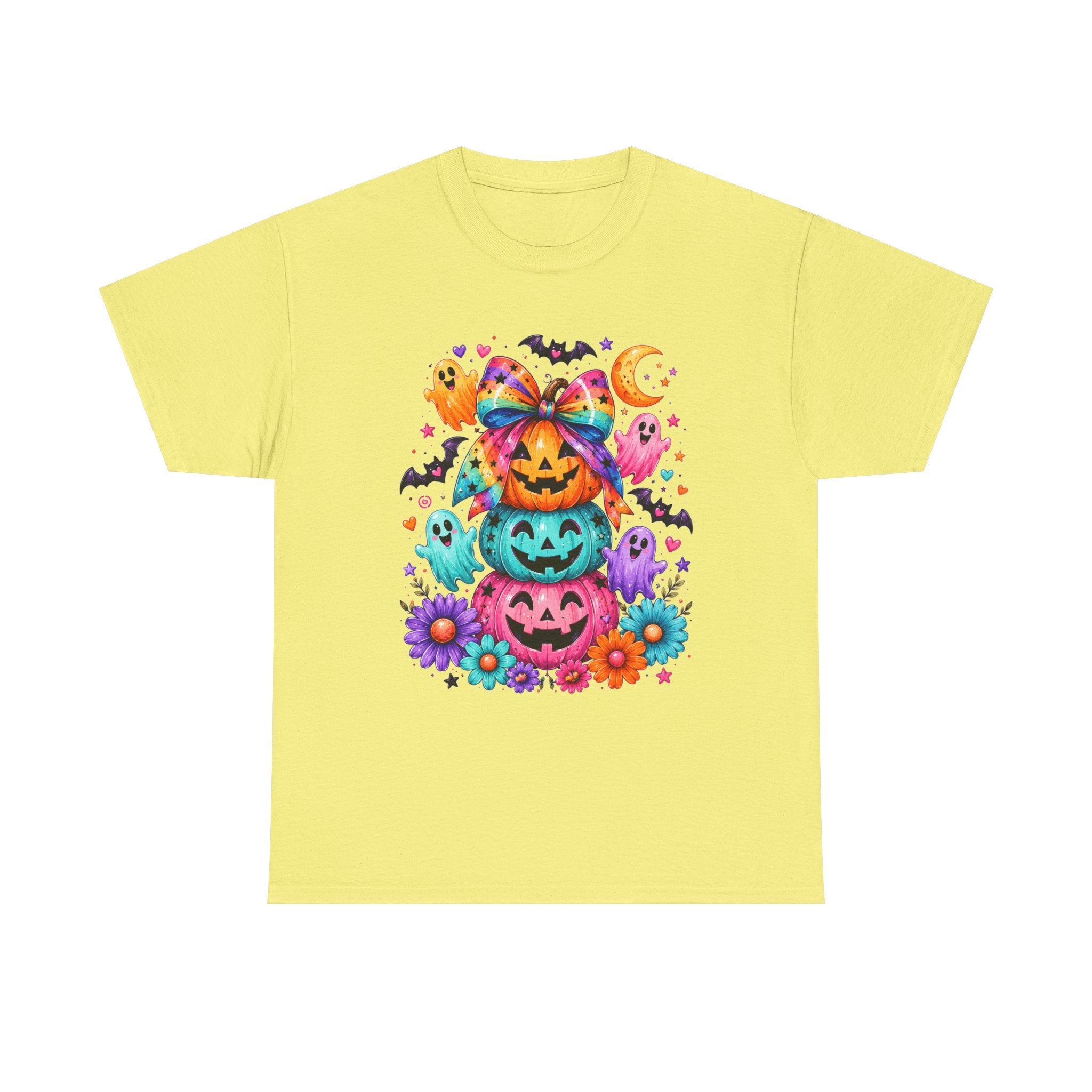 Cute Rainbow Pumpkin Stack Halloween Tee — Colorful Jack-o’-Lanterns & Ghosts T-Shirt