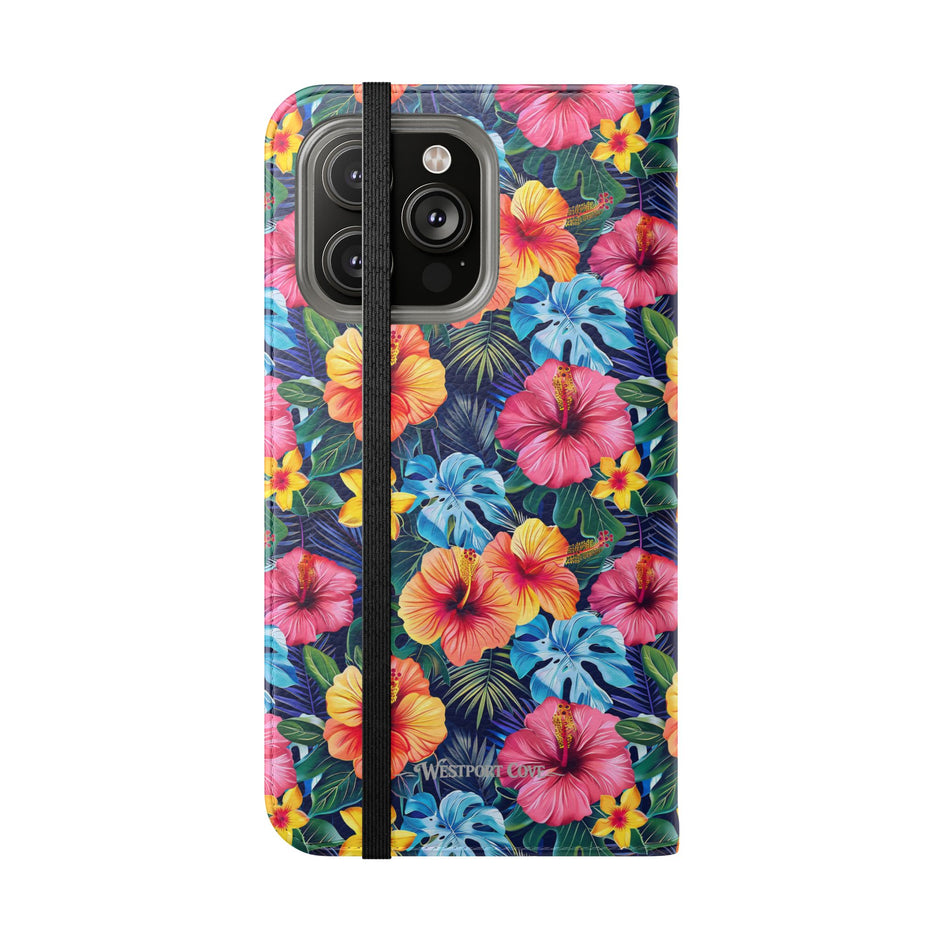 Tropical Hibiscus Flip Phone Case — Floral Wallet Flip Case with Card Slots