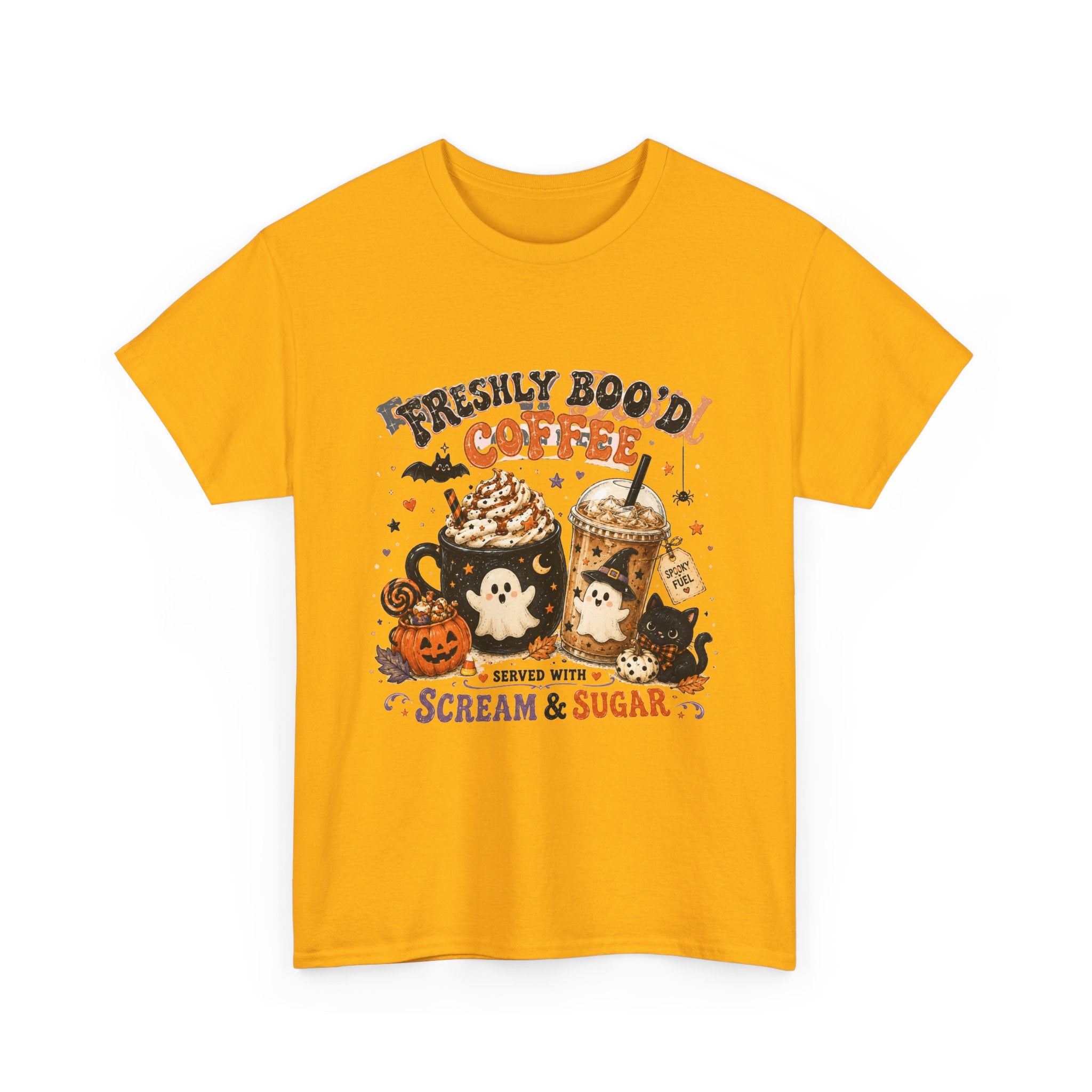 Halloween Coffee Tee — “Freshly Boo’d Coffee: Served with Scream & Sugar”