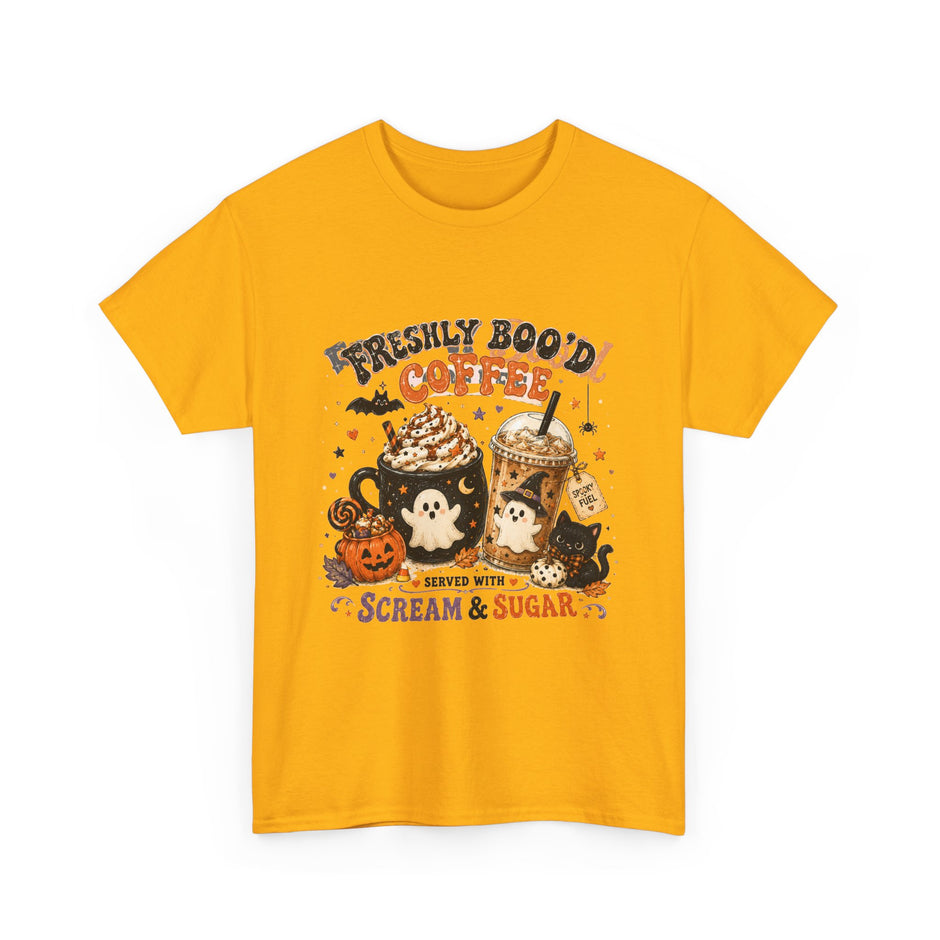 Halloween Coffee Tee — “Freshly Boo’d Coffee: Served with Scream & Sugar”