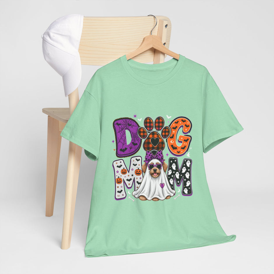 Dog Mom Halloween T‑Shirt — Ghost Pup & Spooky Pattern Tee
