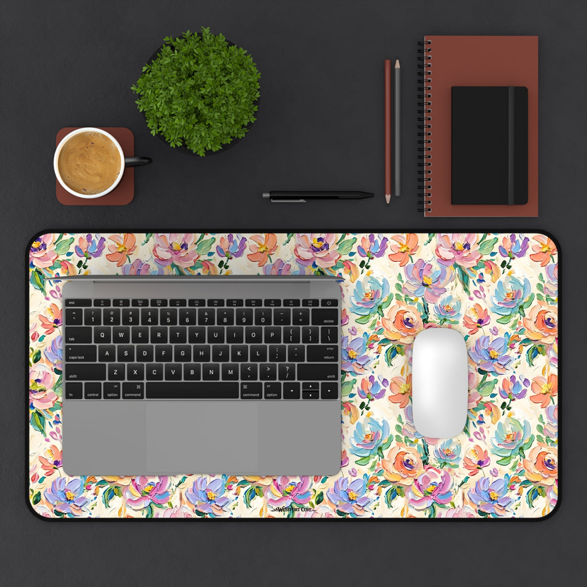 Floral Paint Desk Mat — Pastel Rose Pattern Office Mousepad
