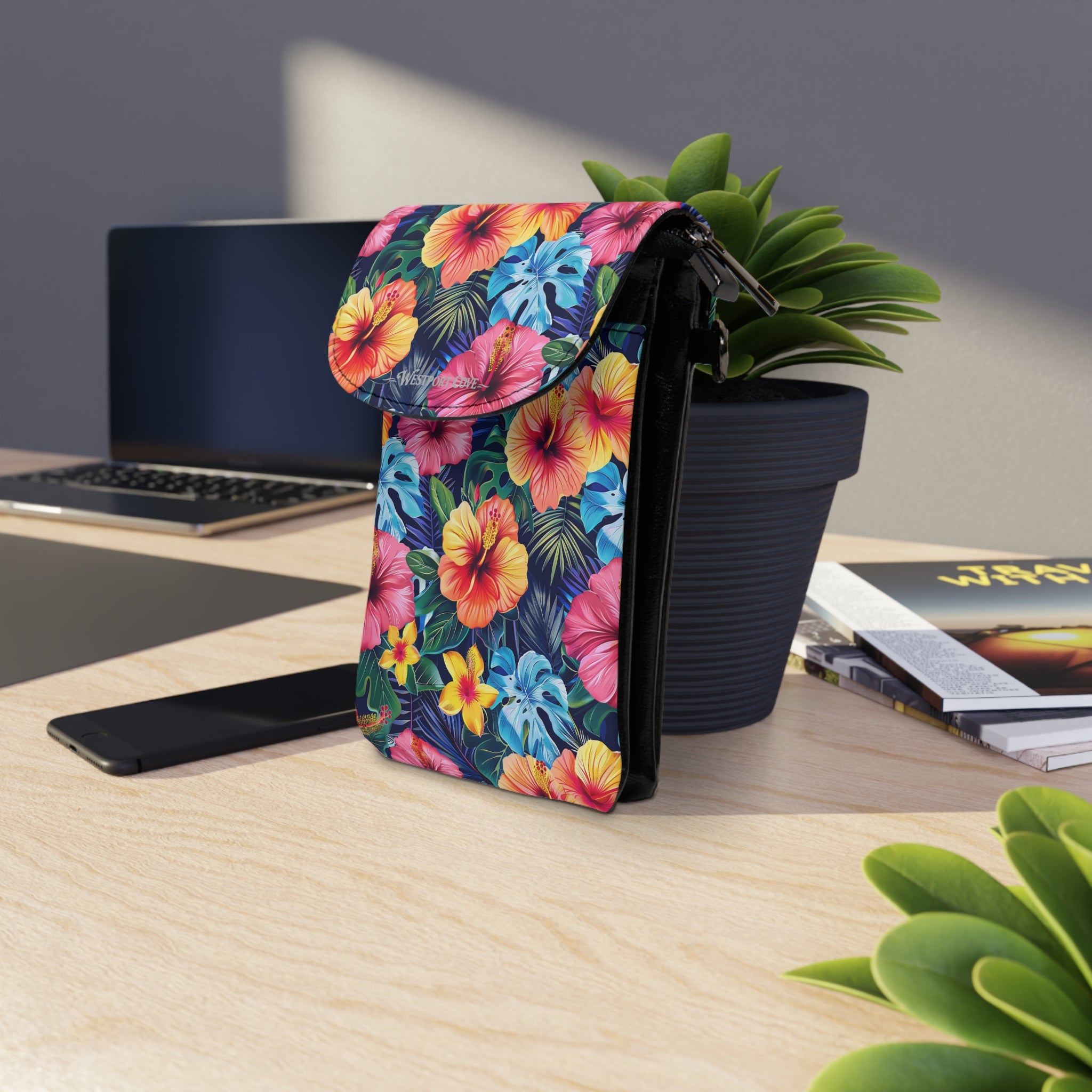 Tropical Hibiscus Phone Wallet - Floral Crossbody Card Holder