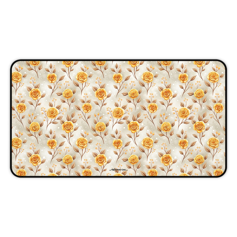 Golden Rose Desk Mat — Floral Office Mouse Pad for Home & Work