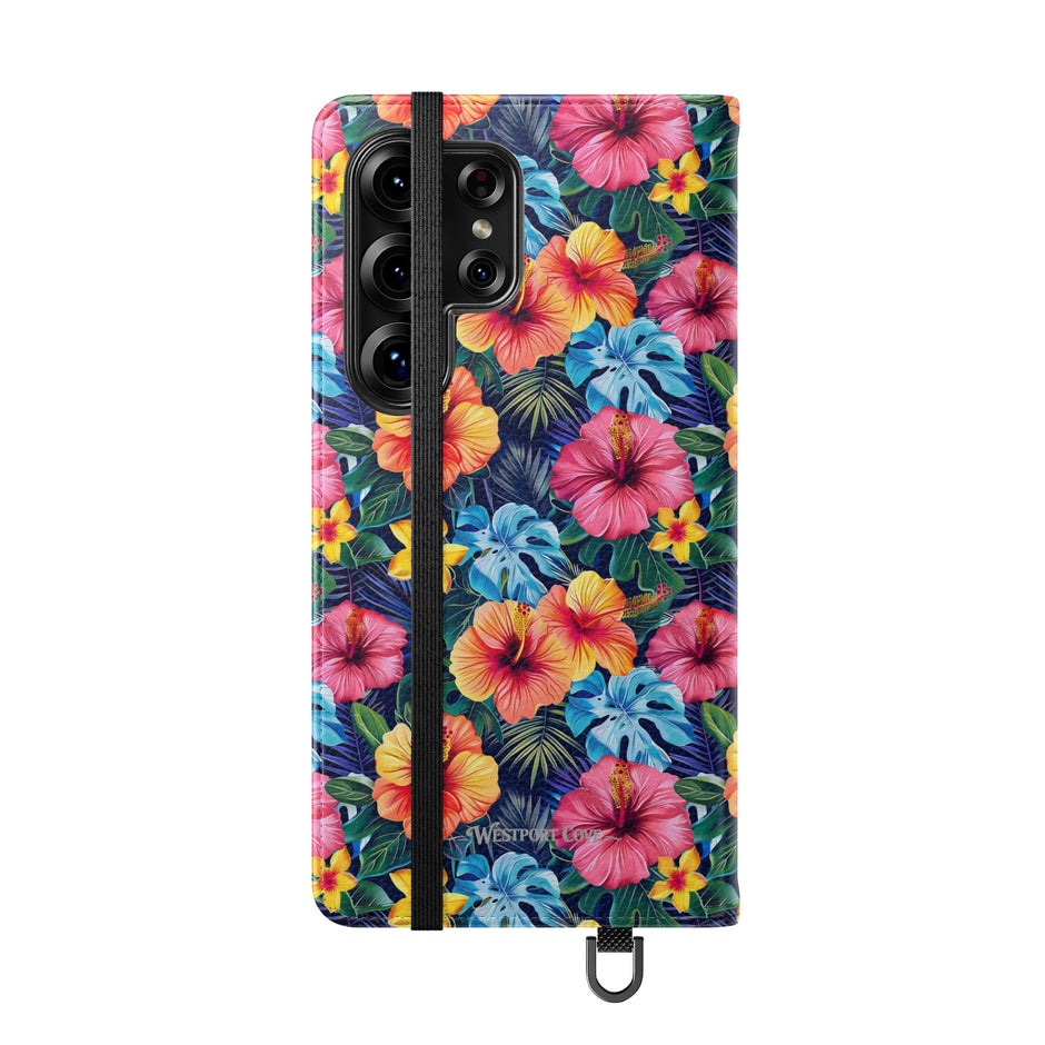 Tropical Hibiscus Flip Phone Case — Floral Wallet Flip Case with Card Slots