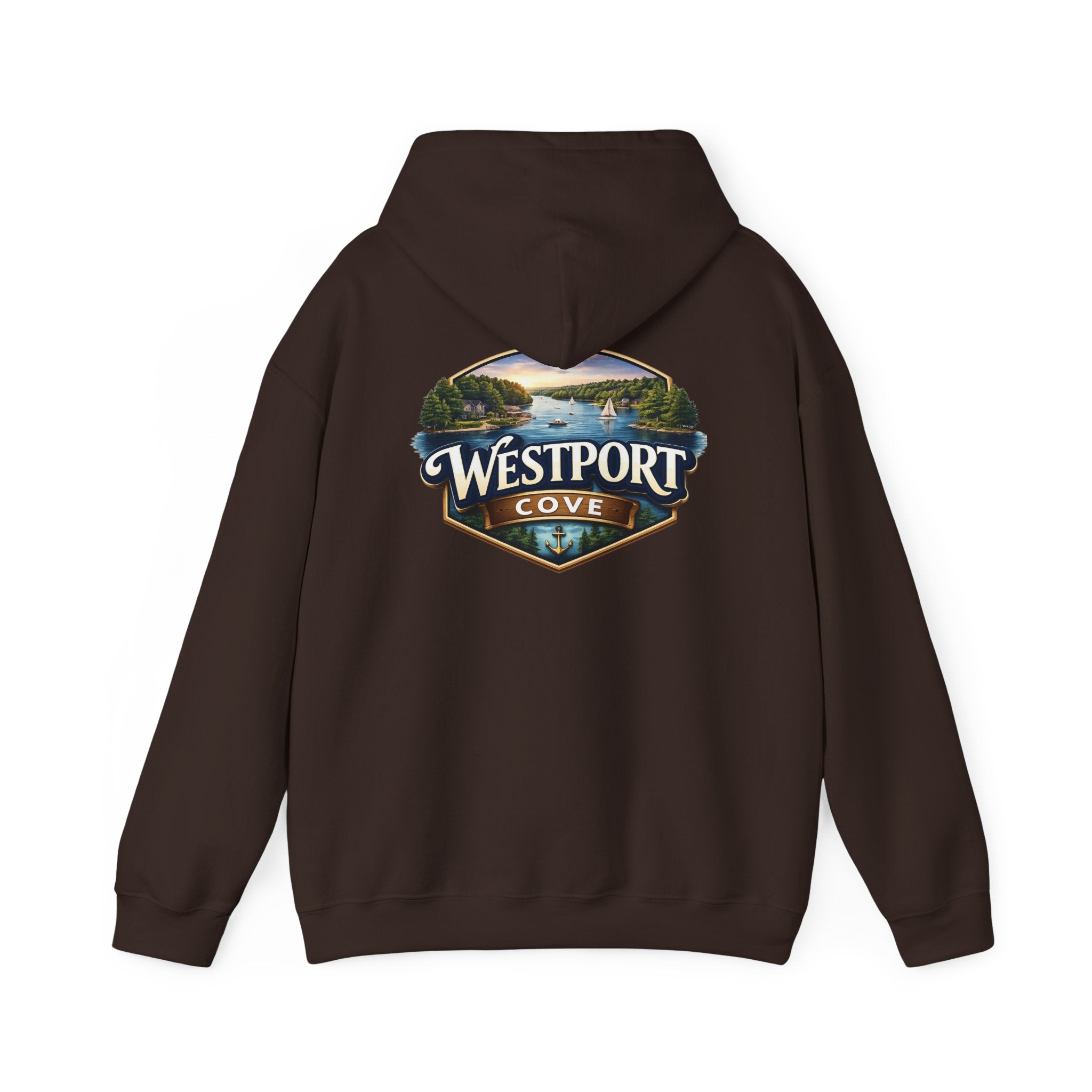 Westport Cove Hoodie — Scenic Lake Cabin Vintage Logo Hooded Sweatshirt