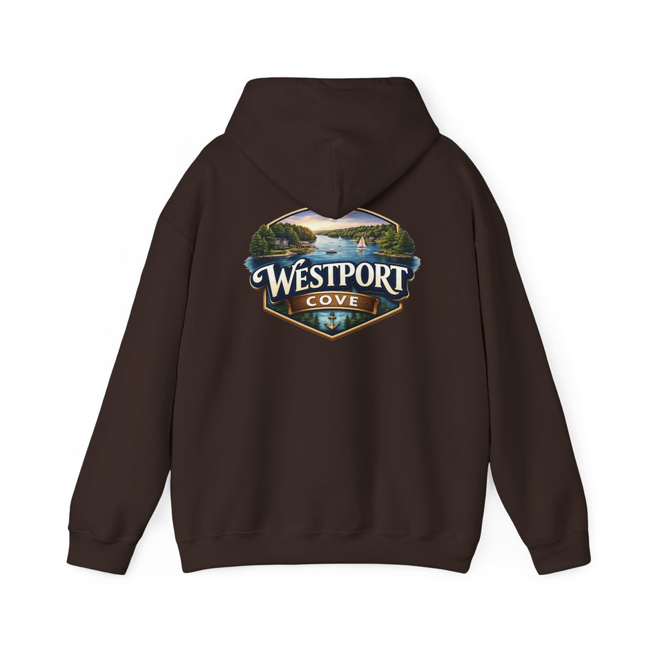 Westport Cove Hoodie — Scenic Lake Cabin Vintage Logo Hooded Sweatshirt