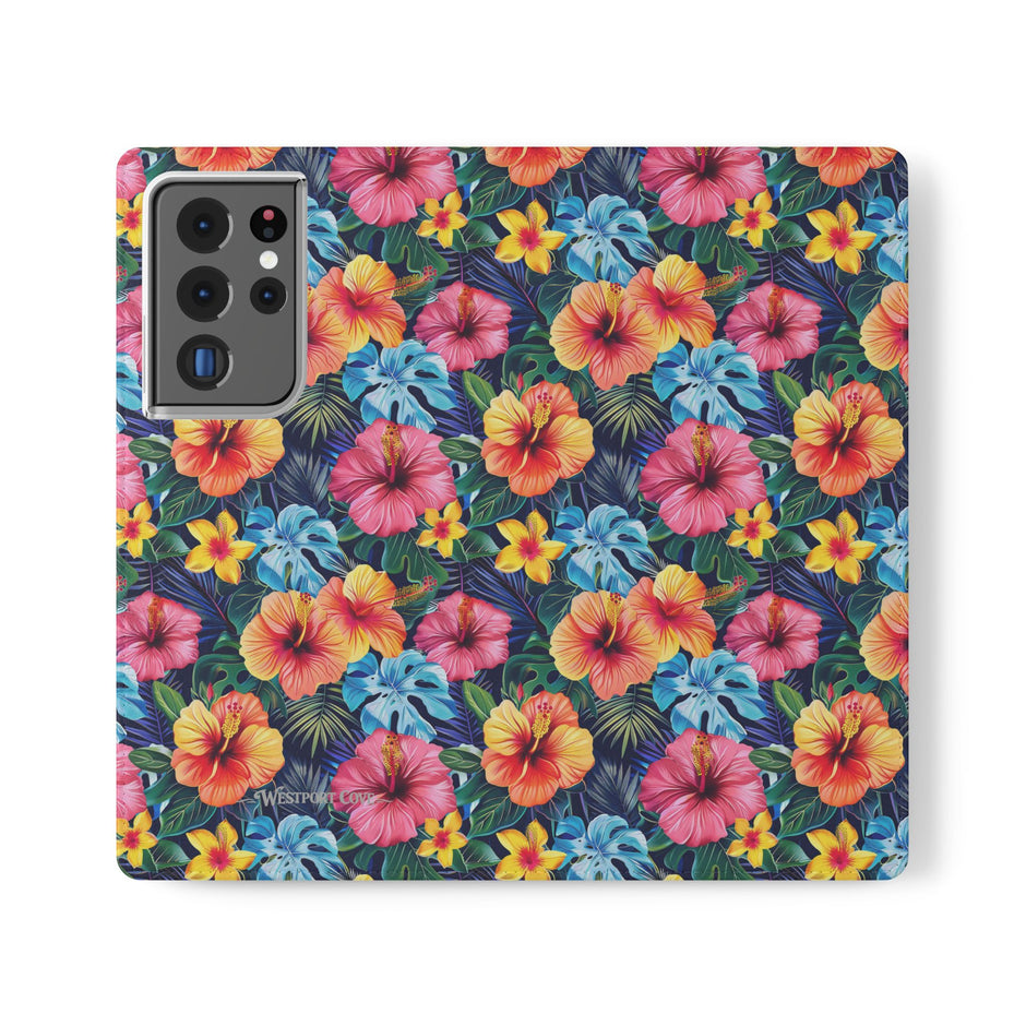 Tropical Hibiscus Flip Phone Case — Floral Wallet Flip Case with Card Slots