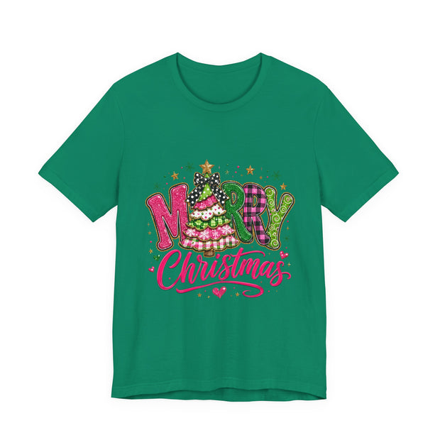 Merry Christmas Graphic Tee — Festive Pink & Green Holiday T-Shirt