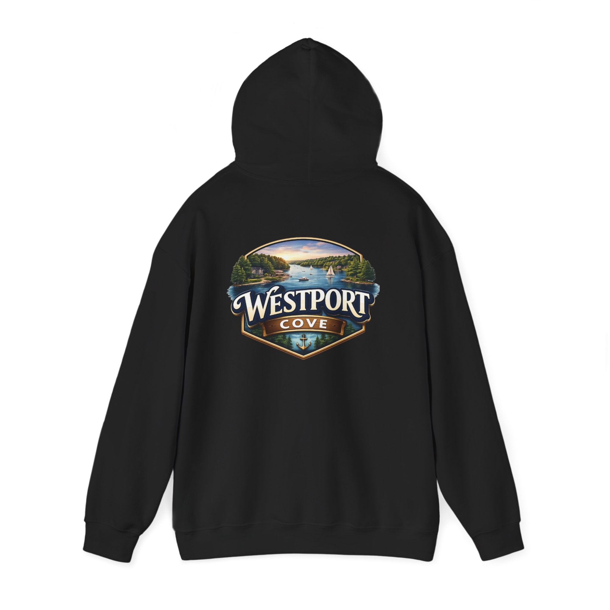 Westport Cove Hoodie — Scenic Lake Cabin Vintage Logo Hooded Sweatshirt