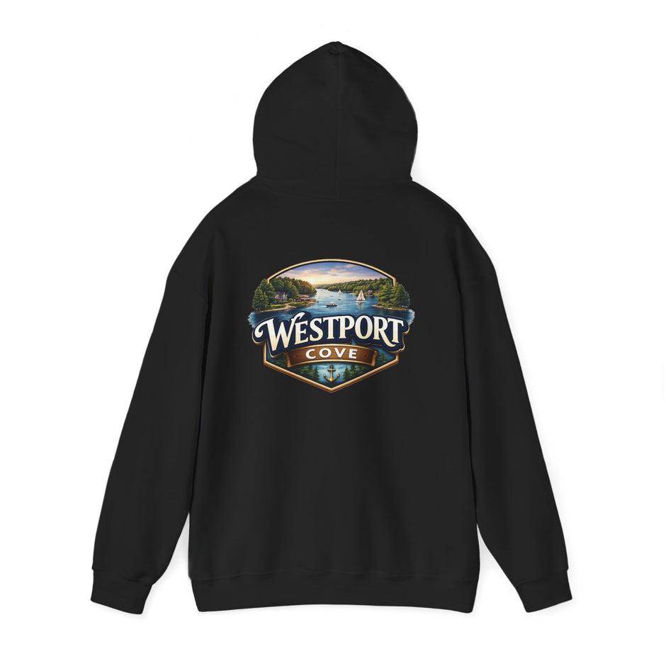 Westport Cove Hoodie — Scenic Lake Cabin Vintage Logo Hooded Sweatshirt