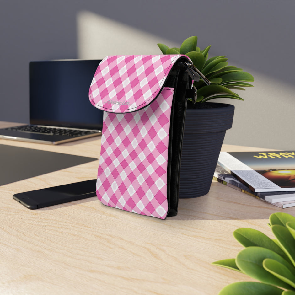 Pink Gingham - Phone Wallet Crossbody — Small Cell Phone Purse with Card Pocket