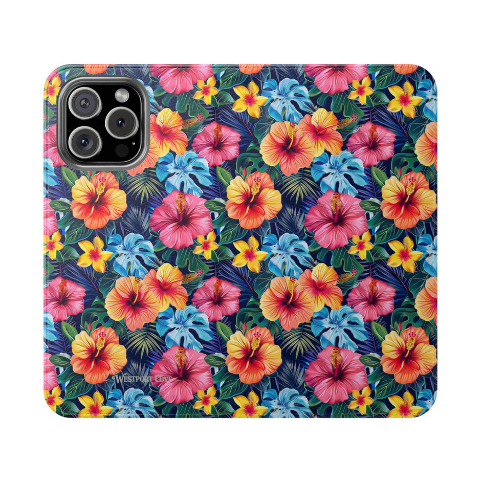 Tropical Hibiscus Flip Phone Case — Floral Wallet Flip Case with Card Slots