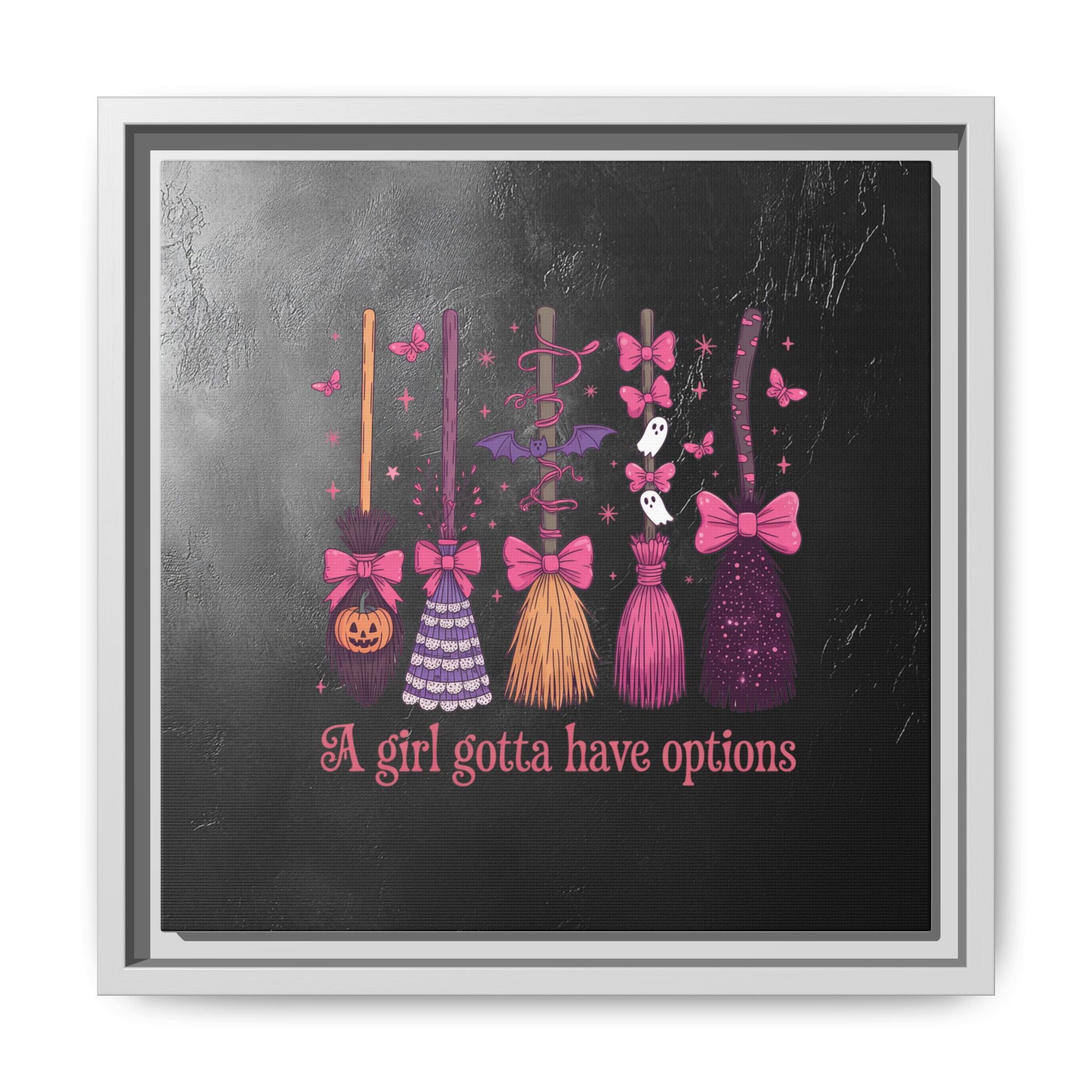 Halloween Broom Canvas Print — “A Girl Gotta Have Options” Framed Wall Art