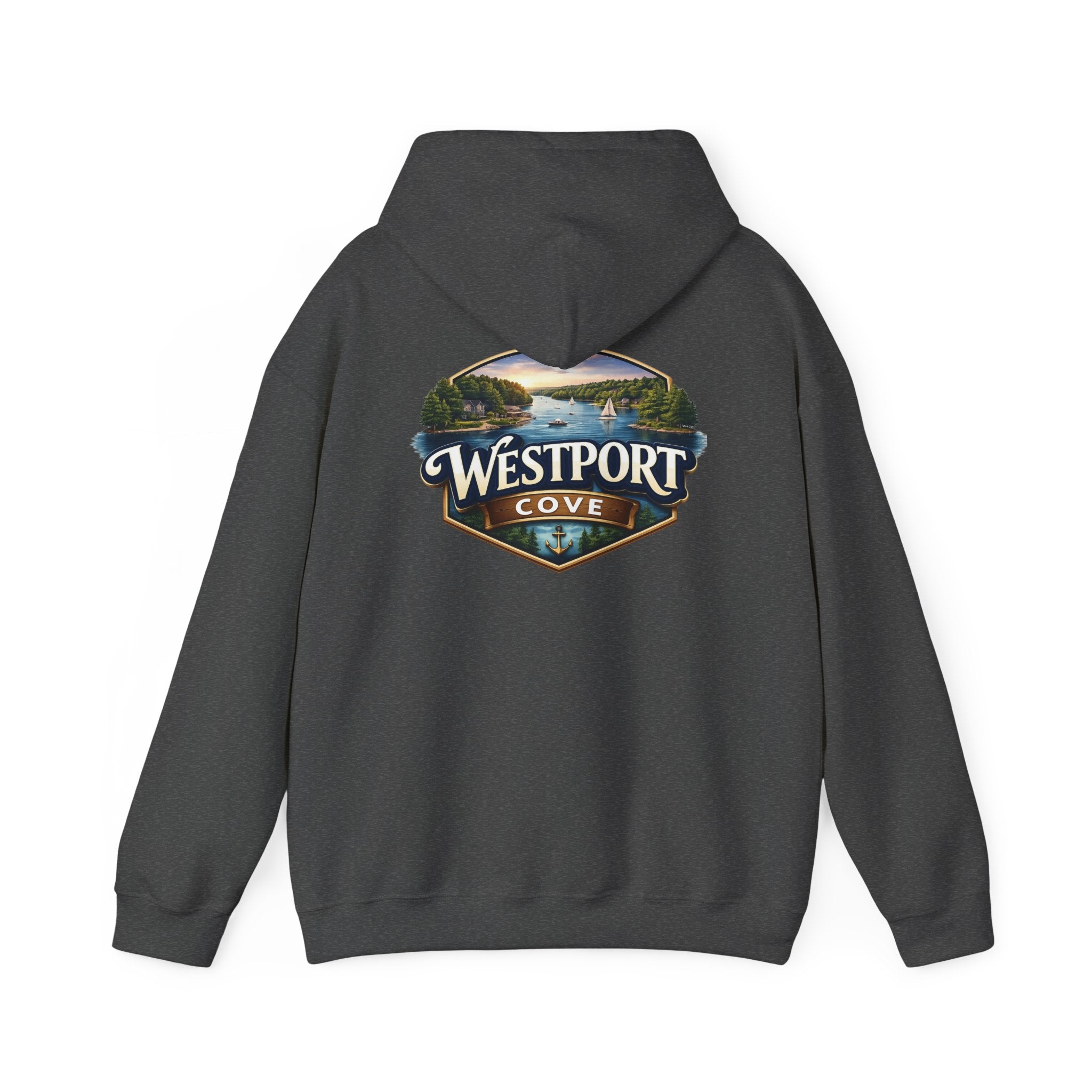 Westport Cove Hoodie — Scenic Lake Cabin Vintage Logo Hooded Sweatshirt