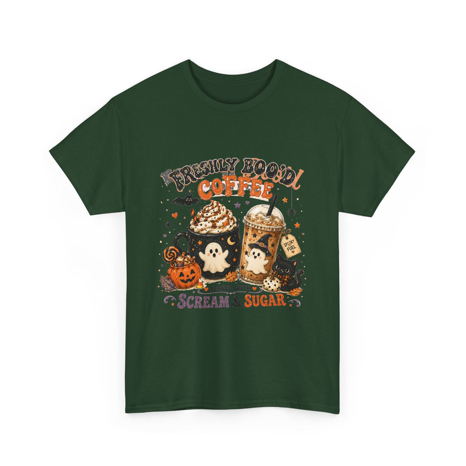 Halloween Coffee Tee — “Freshly Boo’d Coffee: Served with Scream & Sugar”