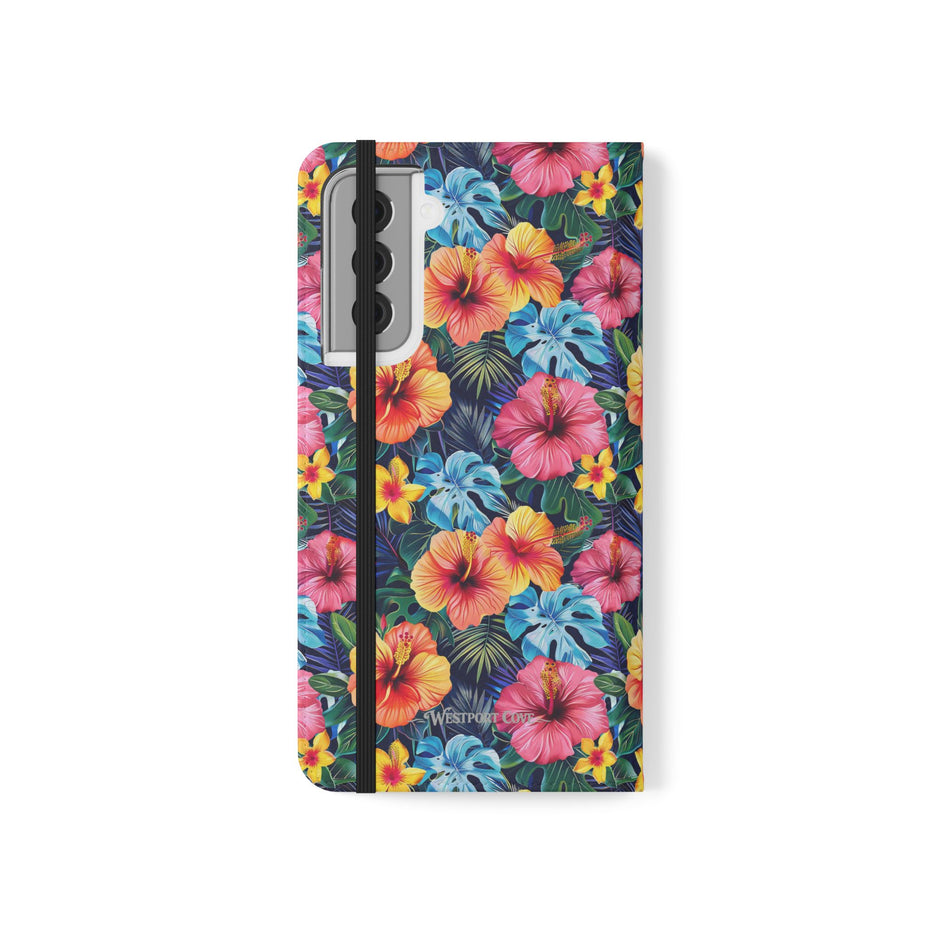 Tropical Hibiscus Flip Phone Case — Floral Wallet Flip Case with Card Slots