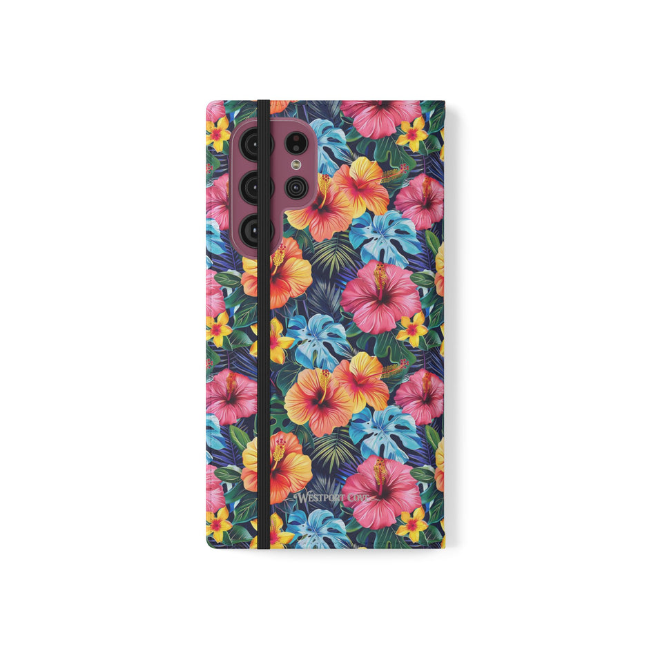 Tropical Hibiscus Flip Phone Case — Floral Wallet Flip Case with Card Slots