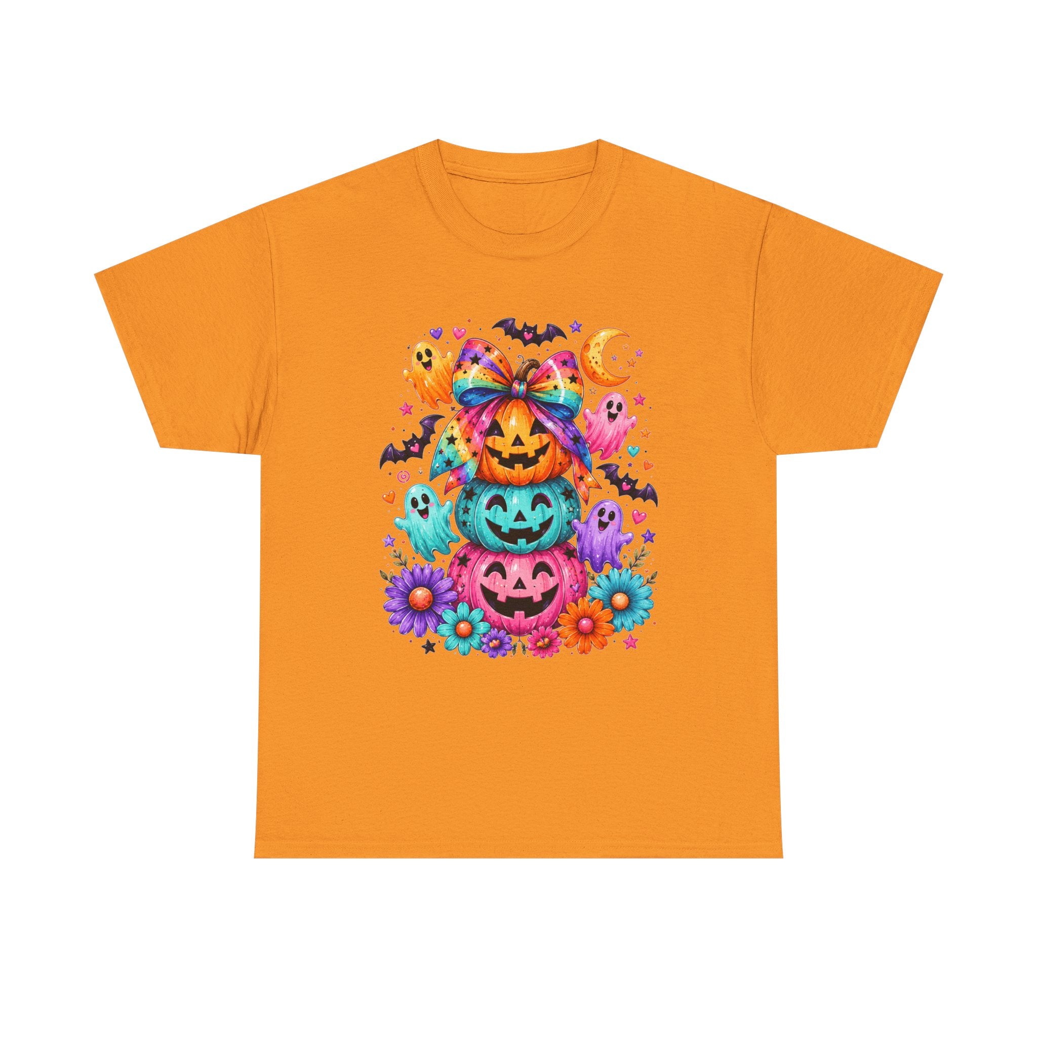Cute Rainbow Pumpkin Stack Halloween Tee — Colorful Jack-o’-Lanterns & Ghosts T-Shirt