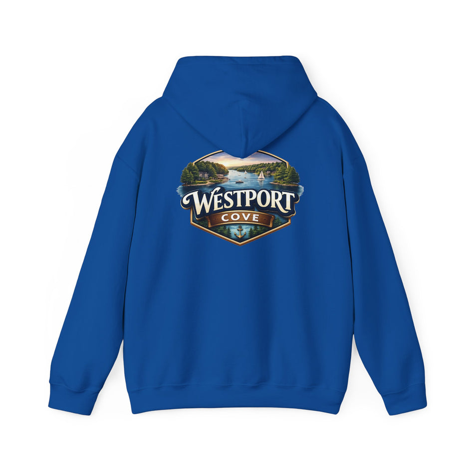 Westport Cove Hoodie — Scenic Lake Cabin Vintage Logo Hooded Sweatshirt