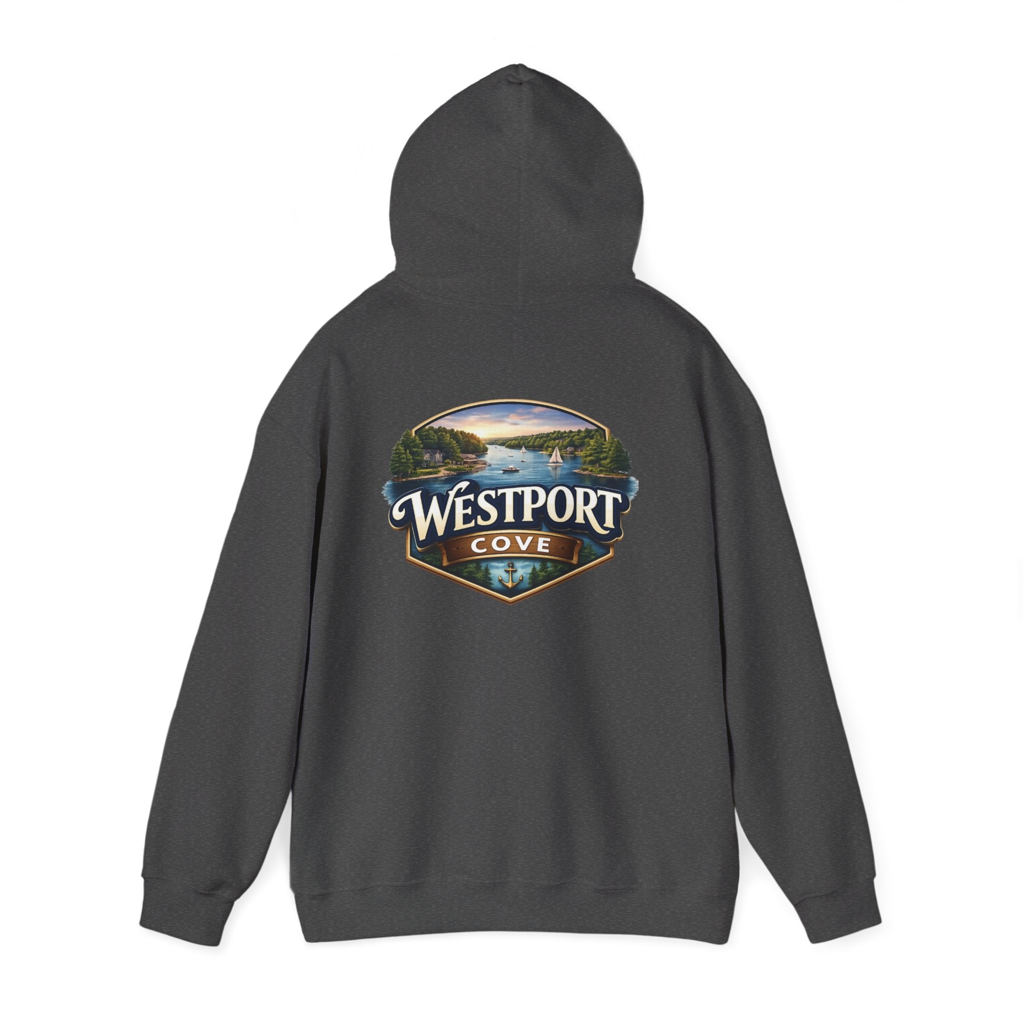Westport Cove Hoodie — Scenic Lake Cabin Vintage Logo Hooded Sweatshirt
