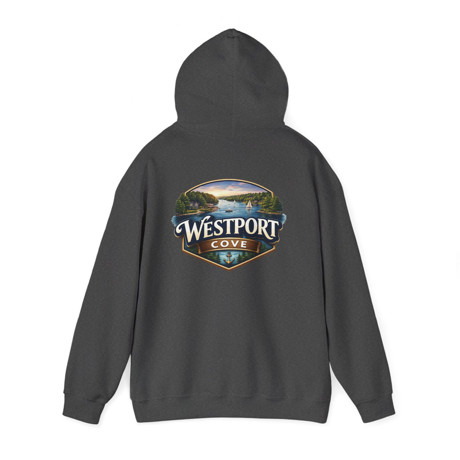 Westport Cove Hoodie — Scenic Lake Cabin Vintage Logo Hooded Sweatshirt