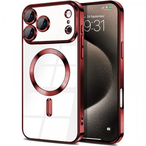 Apple iPhone 17 Pro Max - Premium Chrome Design Transparent Magnetic Ring Case with Camera Protection - RED