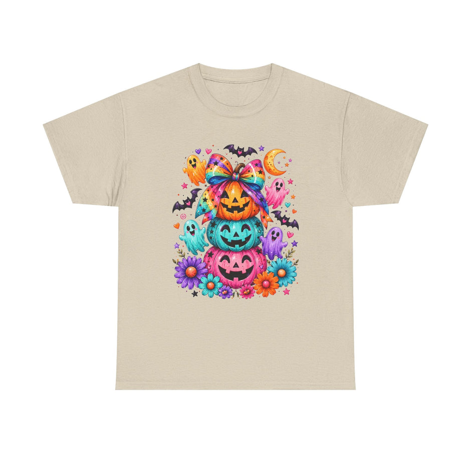 Cute Rainbow Pumpkin Stack Halloween Tee — Colorful Jack-o’-Lanterns & Ghosts T-Shirt - Westport Cove