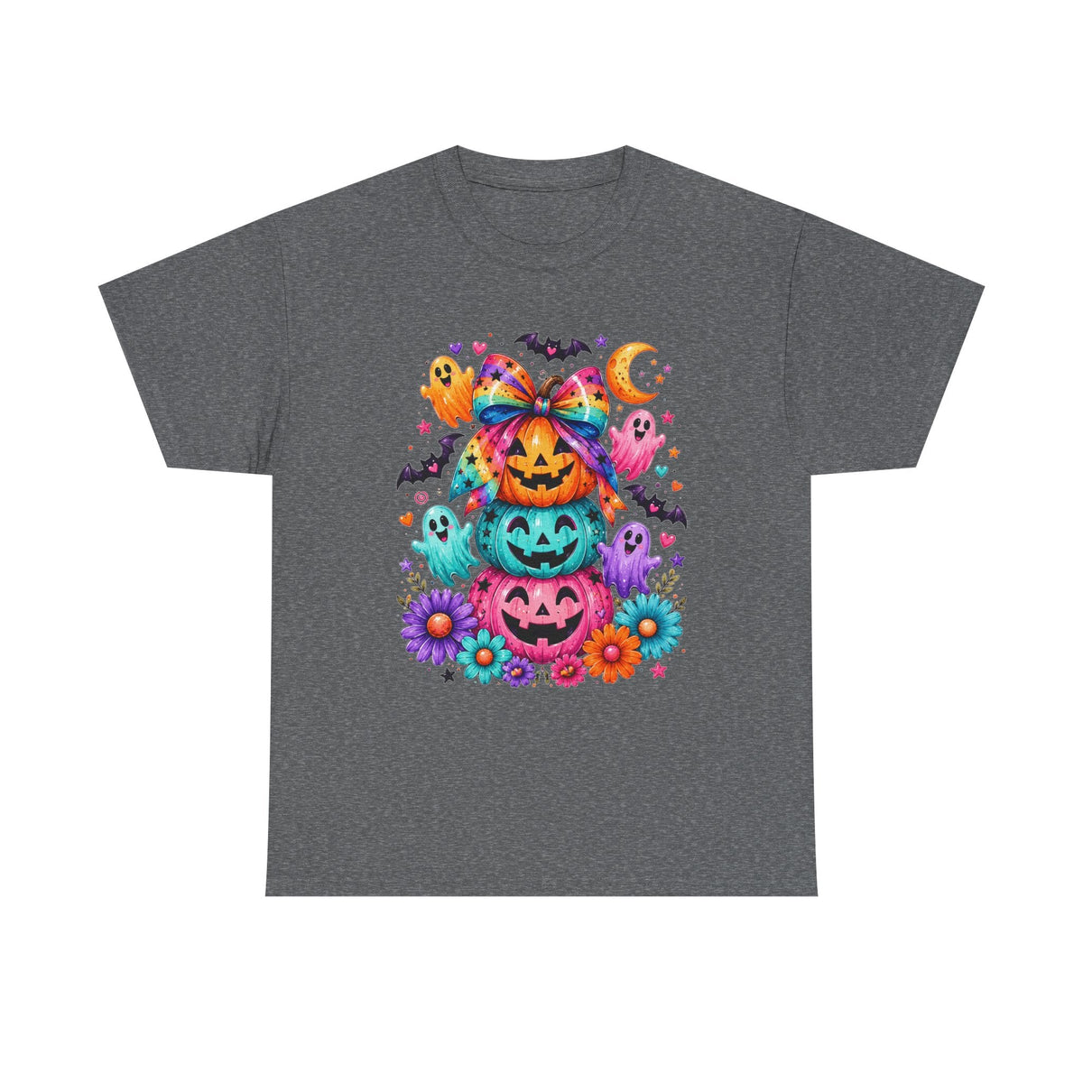 Cute Rainbow Pumpkin Stack Halloween Tee — Colorful Jack-o’-Lanterns & Ghosts T-Shirt - Westport Cove