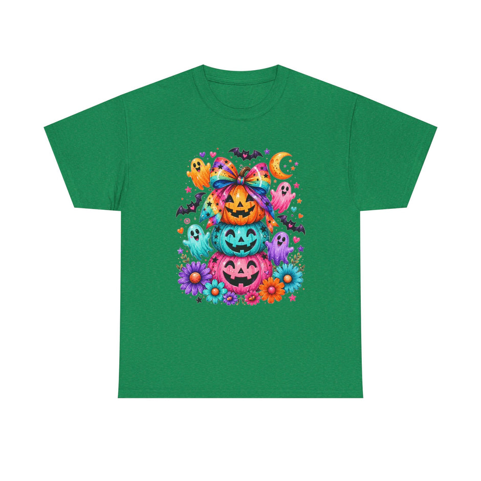 Cute Rainbow Pumpkin Stack Halloween Tee — Colorful Jack-o’-Lanterns & Ghosts T-Shirt - Westport Cove
