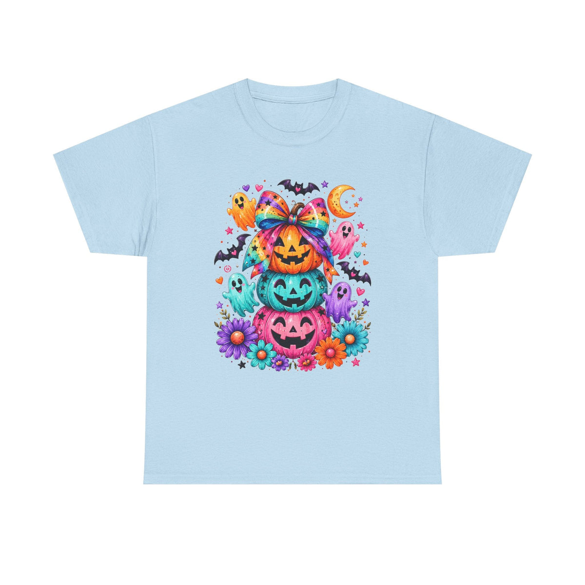 Cute Rainbow Pumpkin Stack Halloween Tee — Colorful Jack-o’-Lanterns & Ghosts T-Shirt - Westport Cove