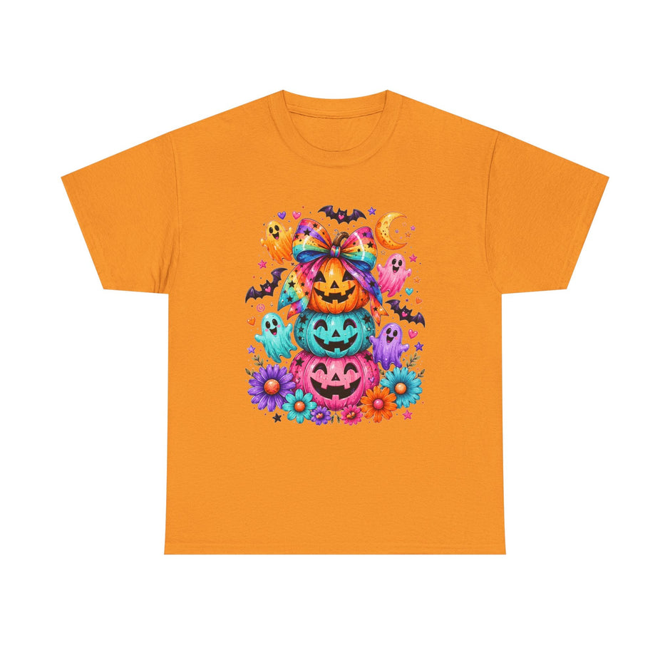 Cute Rainbow Pumpkin Stack Halloween Tee — Colorful Jack-o’-Lanterns & Ghosts T-Shirt - Westport Cove