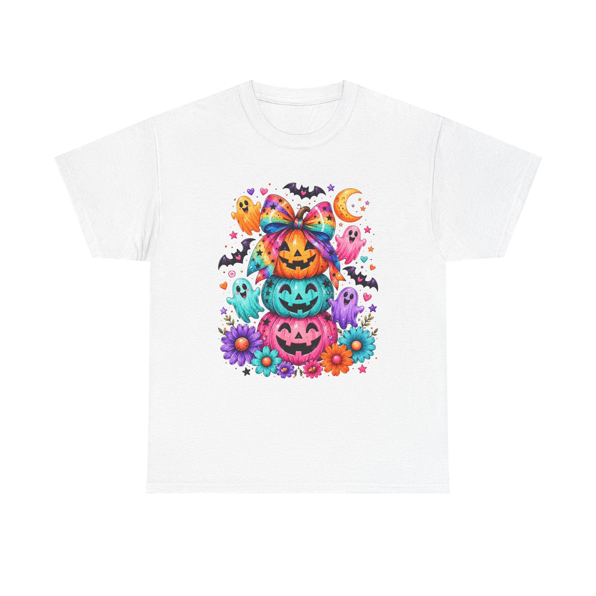 Cute Rainbow Pumpkin Stack Halloween Tee — Colorful Jack-o’-Lanterns & Ghosts T-Shirt - Westport Cove