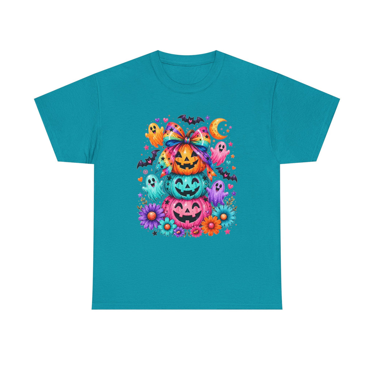 Cute Rainbow Pumpkin Stack Halloween Tee — Colorful Jack-o’-Lanterns & Ghosts T-Shirt - Westport Cove