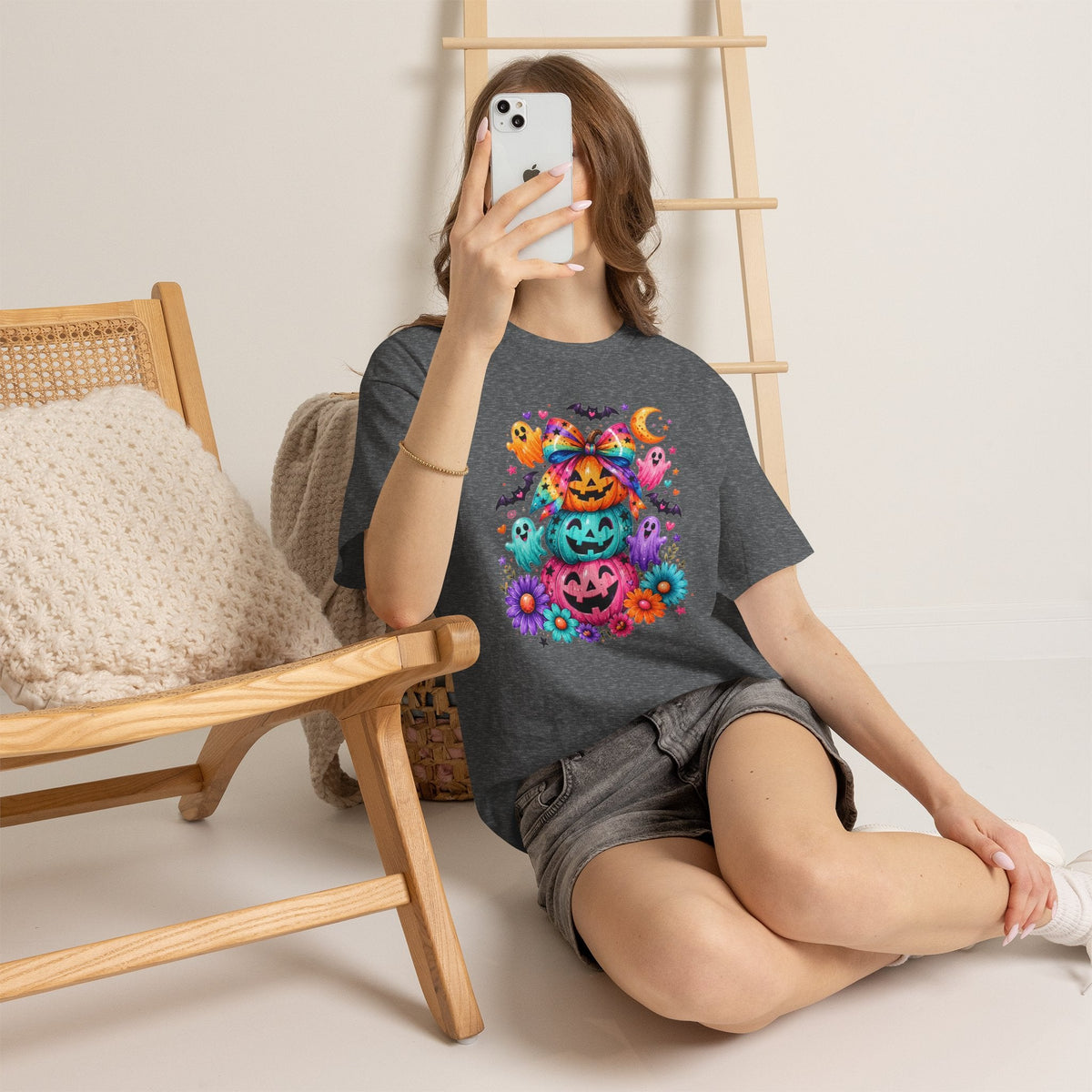 Cute Rainbow Pumpkin Stack Halloween Tee — Colorful Jack-o’-Lanterns & Ghosts T-Shirt - Westport Cove