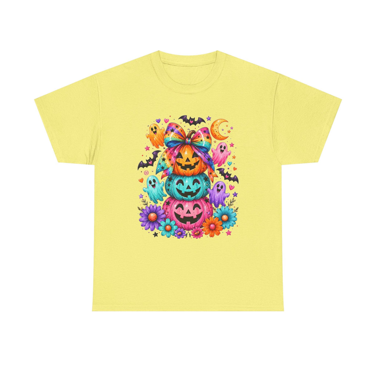 Cute Rainbow Pumpkin Stack Halloween Tee — Colorful Jack-o’-Lanterns & Ghosts T-Shirt - Westport Cove