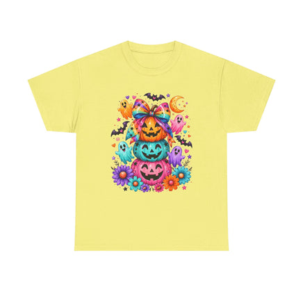 Cute Rainbow Pumpkin Stack Halloween Tee — Colorful Jack-o’-Lanterns & Ghosts T-Shirt - Westport Cove