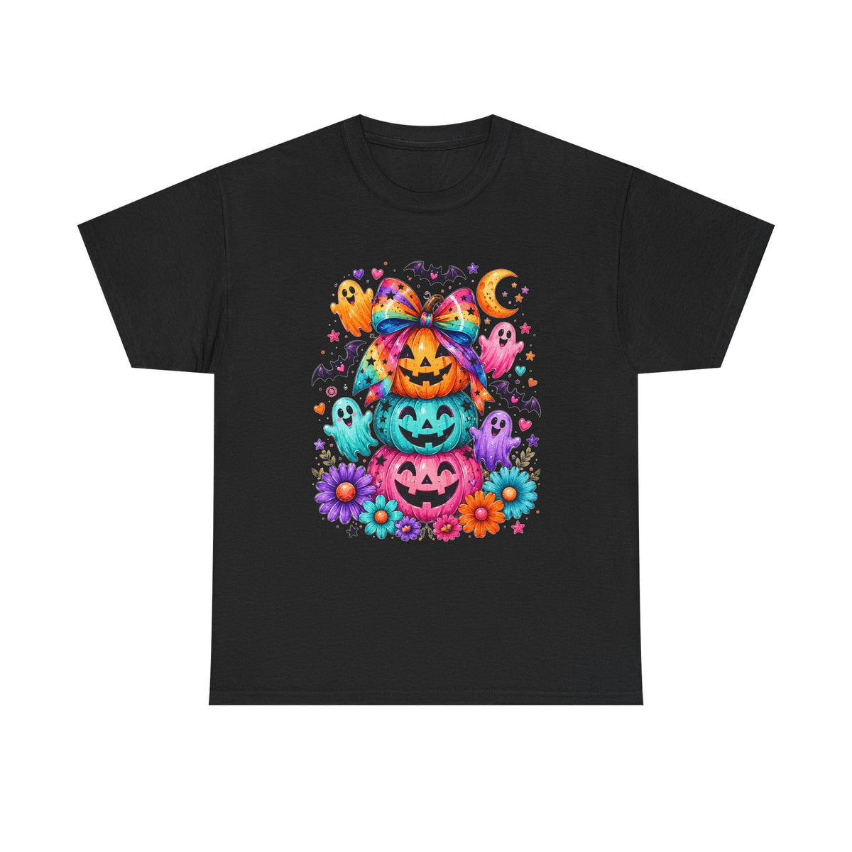 Cute Rainbow Pumpkin Stack Halloween Tee — Colorful Jack-o’-Lanterns & Ghosts T-Shirt - Westport Cove